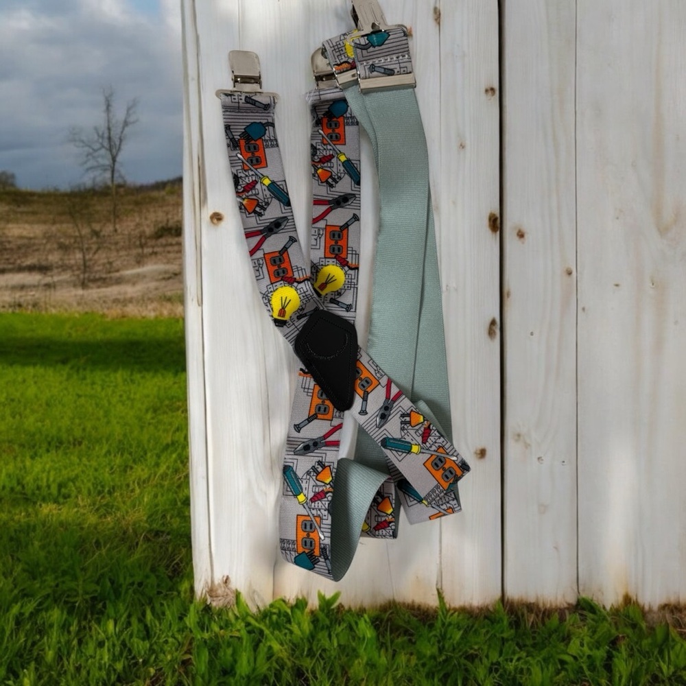 Electrician, pattern, suspenders, Vibrant Orange and Yellow Patchwork Sculpture